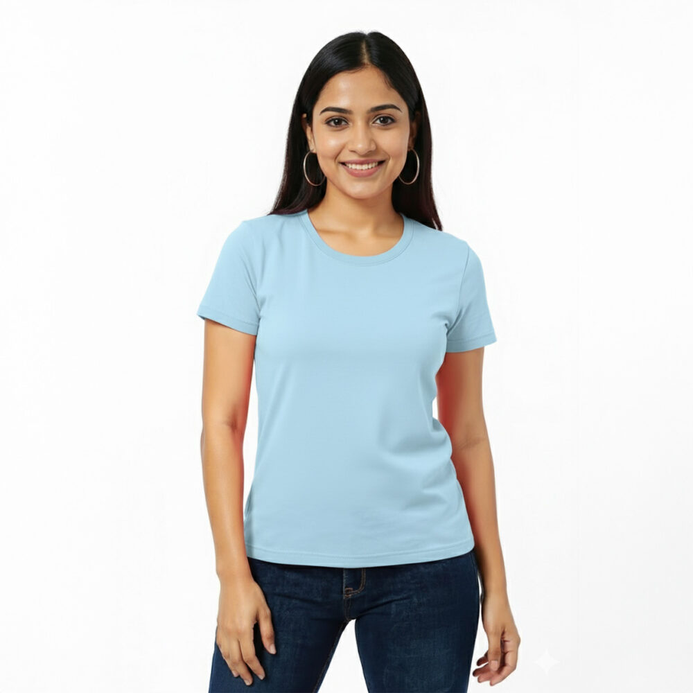 Women Regular Plain Cotton T-Shirt Ocean Blue