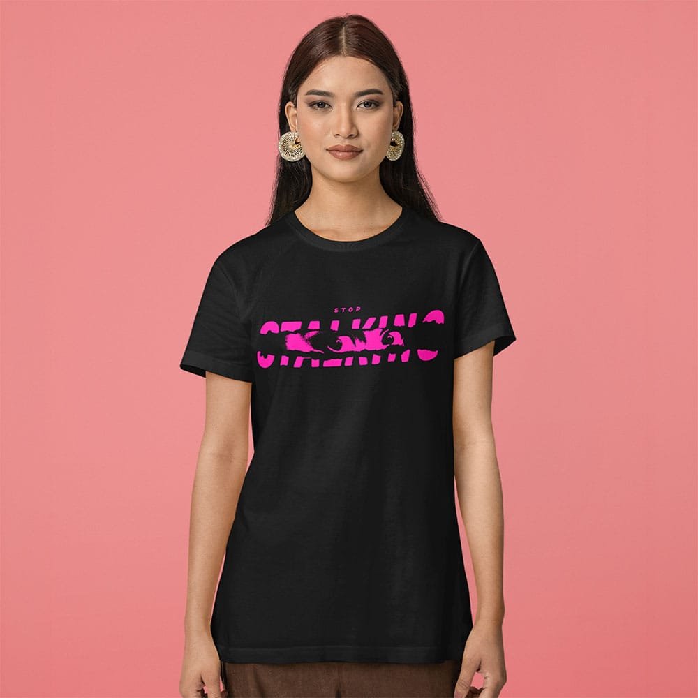 Printed Women Regular Black T-shirt - Stop Stalking