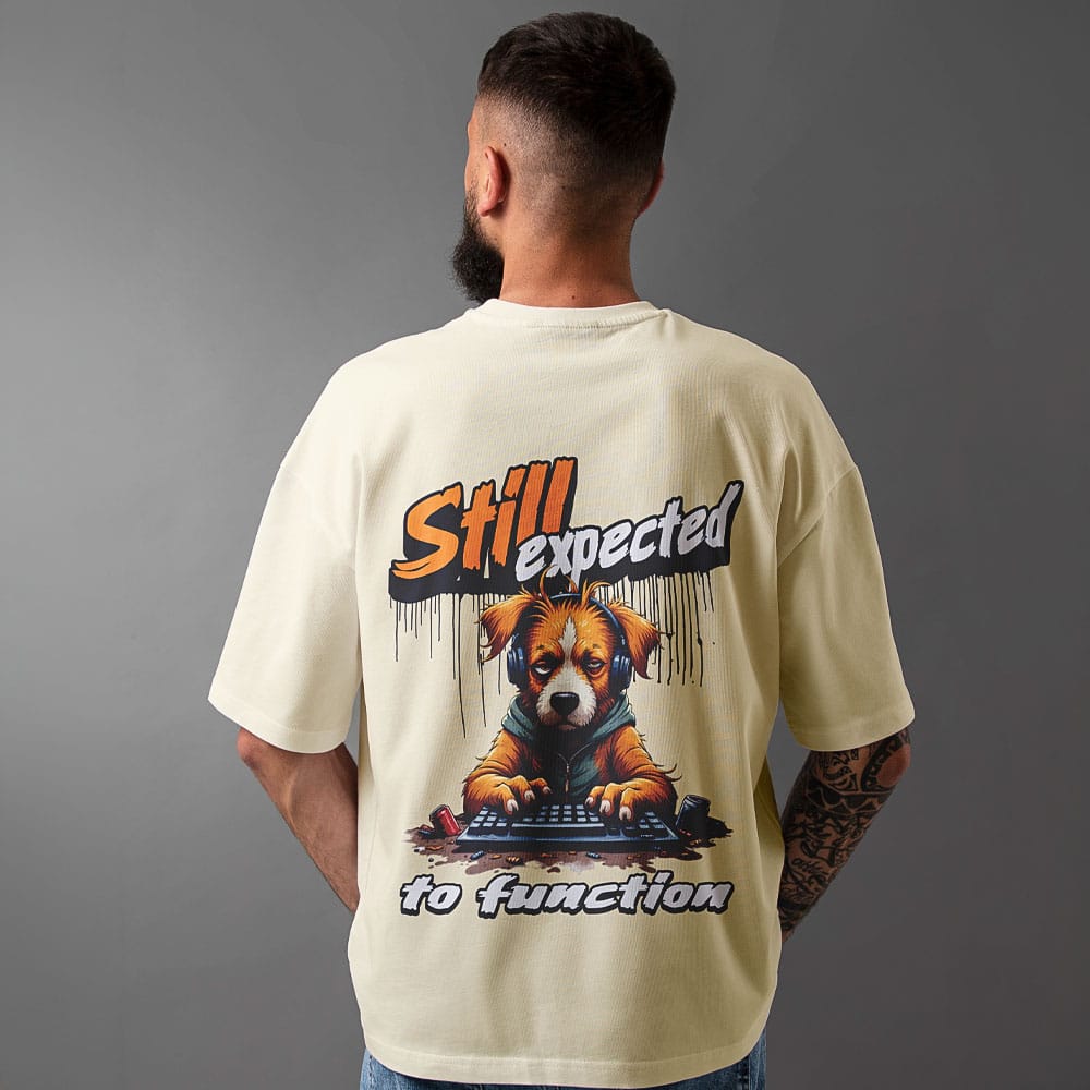 Men’s Oversize Printed T-Shirt – 1% Barely Functioning (Off-White)