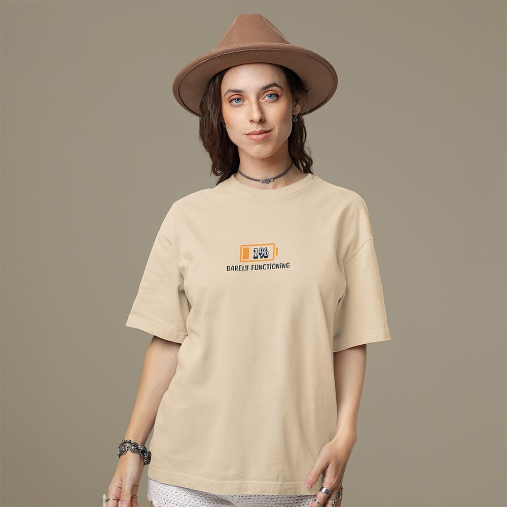 Women’s Oversize Printed T-Shirt – 1% Barely Functioning (Off-White)